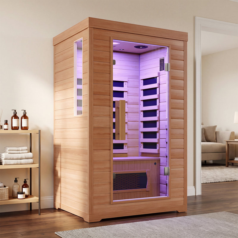 Sauna infrarouge lointain à faible champ électromagnétique pour une personne, en bois de pin de qualité supérieure, avec 6 éléments chauffants infrarouges, éclairage de chromothérapie et audio Bluetooth.