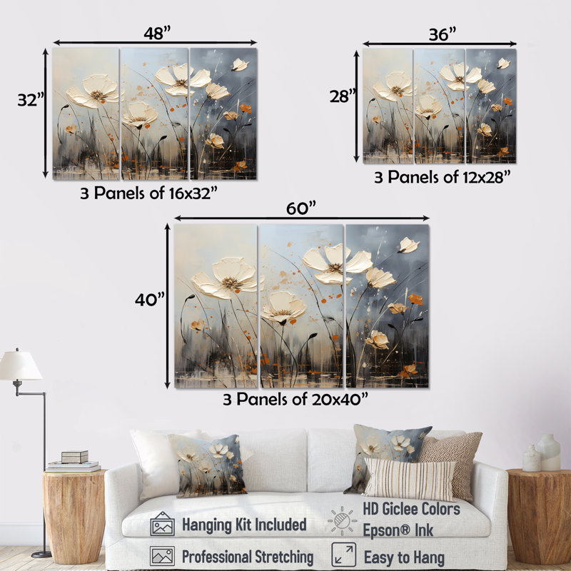 Bloomed Flower Horizons - ensemble d'art mural floral, H 32 po x l 48 po x P 1 po
