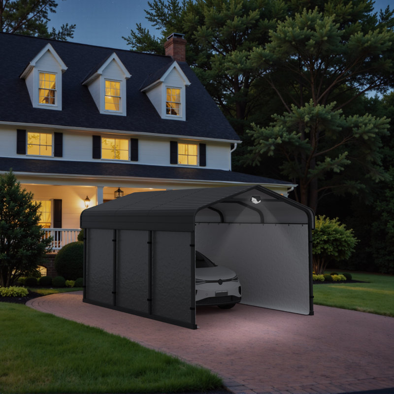 Abri d'auto en acier galvanisé de 10 pi x P 15 pi avec paroi latérale en tissu et structure en métal, garage robuste avec lampe solaire pour voitures, camions, véhicules récréatifs, protection contre la neige et les rayons UV