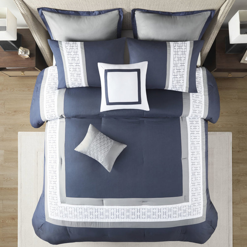 Literie bleu marine très grand - 8 pièces avec coussins décoratifs élégants, Marine