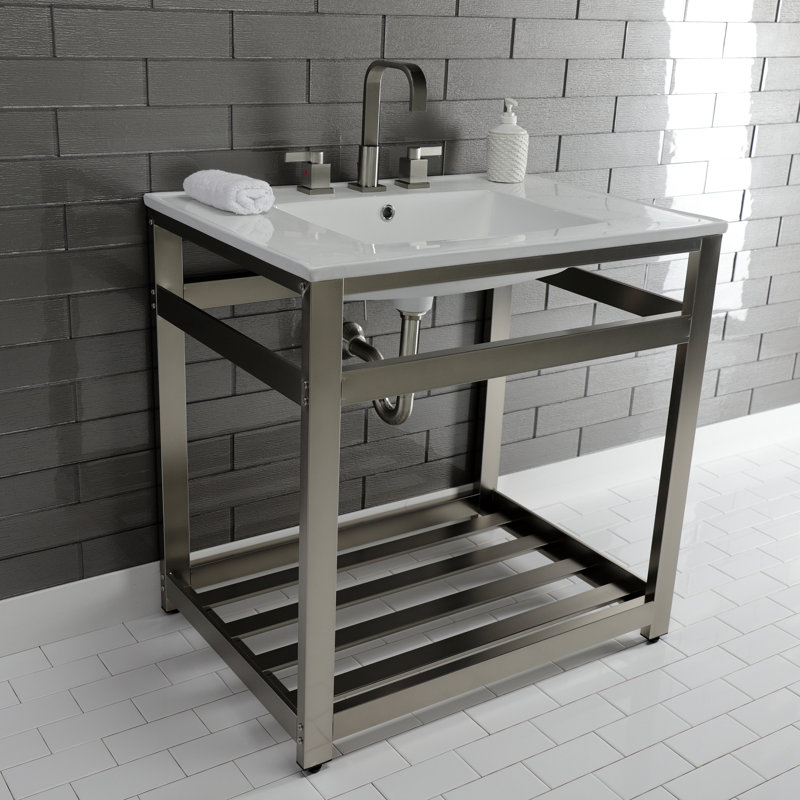Lavabo de salle de bain console en céramique avec trop-plein, Blanc / nickel brossé, Centres de 8 po