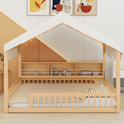 Wooden Floor House-Shaped Daybed With Fense,3 Storage Bookshelves,Curtain And LED Light