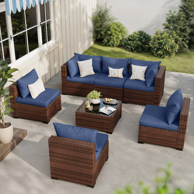 7 Piece Patio Conversation Set With Coffee Table And Cushions
