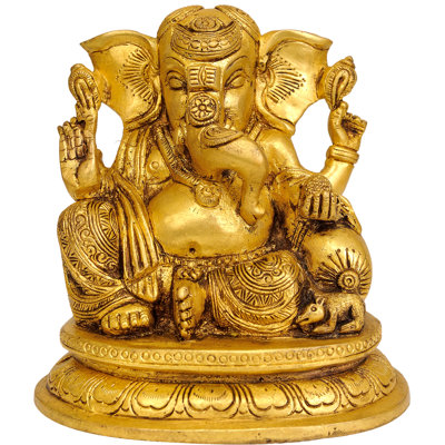 Handmade 5" Brass Seated Ganesha Idol – Lalitasana Posture, Intricate Detailing, Indian Deity Statue for Home Temple, Meditation & Gifting