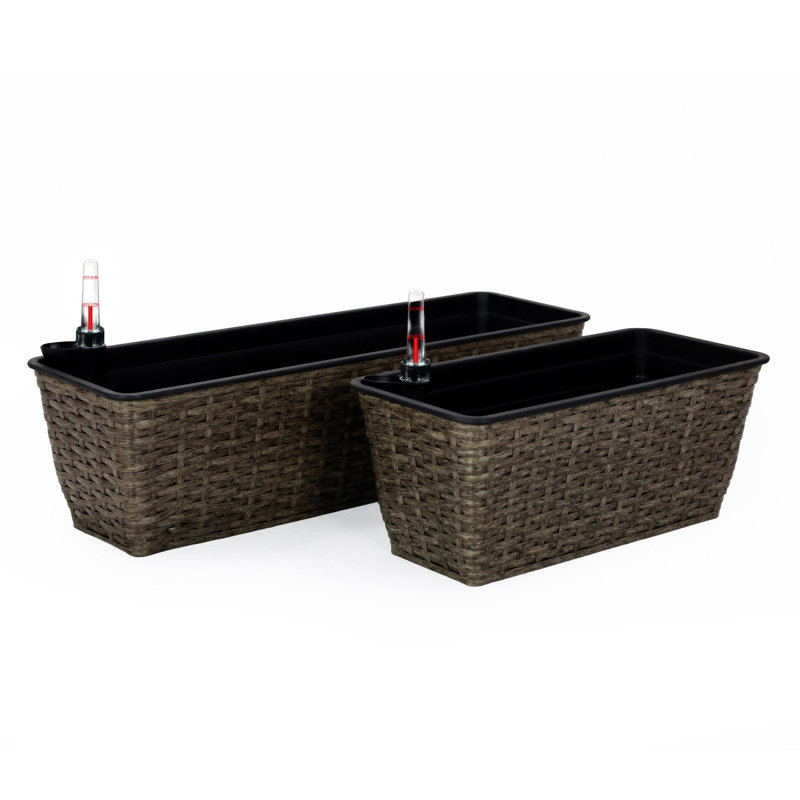 2-Pack Self-Watering Planter - Hand Woven Wicker - Rectangular - Dark Gray