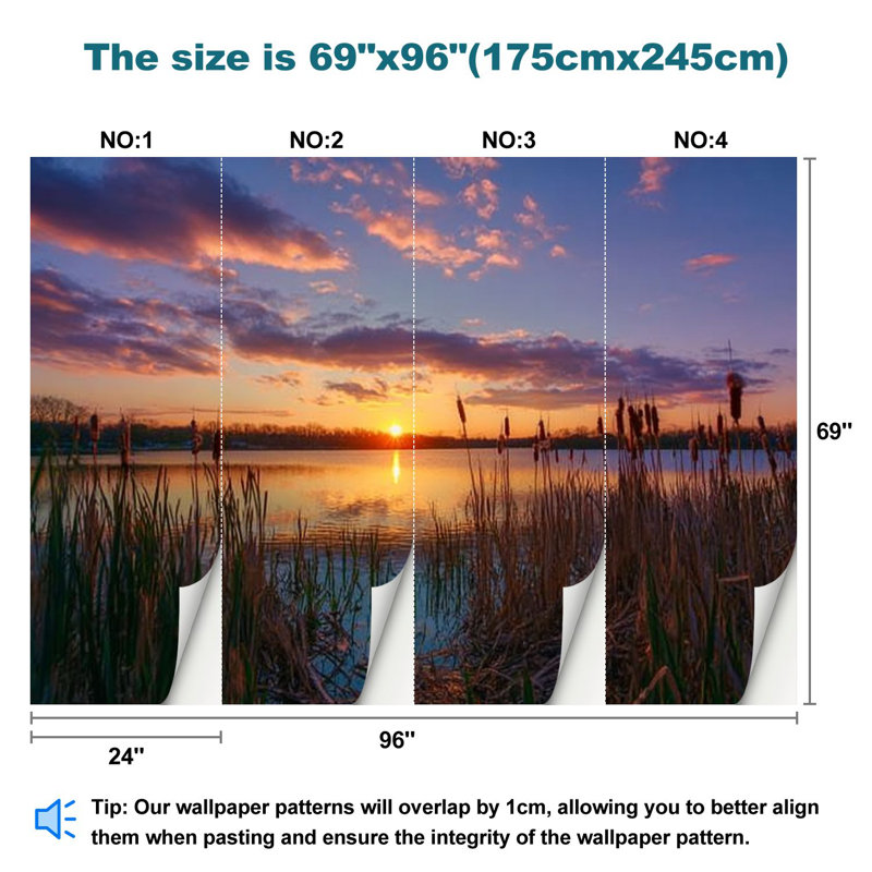 Papier peint adhésif sur toile pelez et collez Sun Horizon Quiet Water Cattails Wall Art, L 98 po x l 69 po
