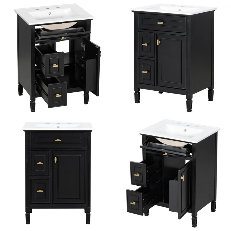 Meuble-lavabo moderne 24 po avec lavabo, armoire de rangement en bois massif avec tiroir rabattable et tablette ajustable, meuble-lavabo vert autoportant avec quincaillerie dorée