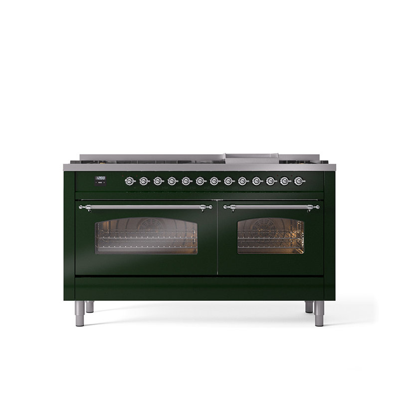 ILVE Nostalgie II 60 Dual Fuel Range, 9 Burners, Griddle, Liquid Propane, Emerald Green/Chrome