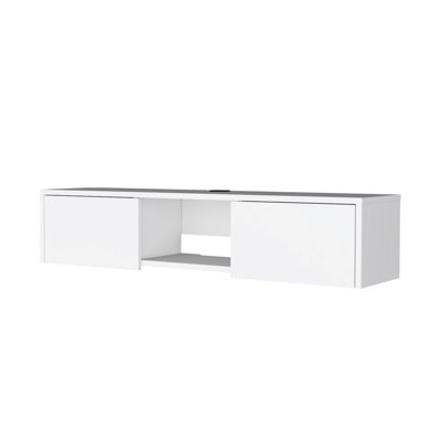 Meuble télé blanc à 2 portes, compact pour les petits espaces, garde les médias bien organisés, s'adapte aux téléviseurs flottants de 40 à 49 pouces avec 2 portes, permet de ranger les instruments soigneusement