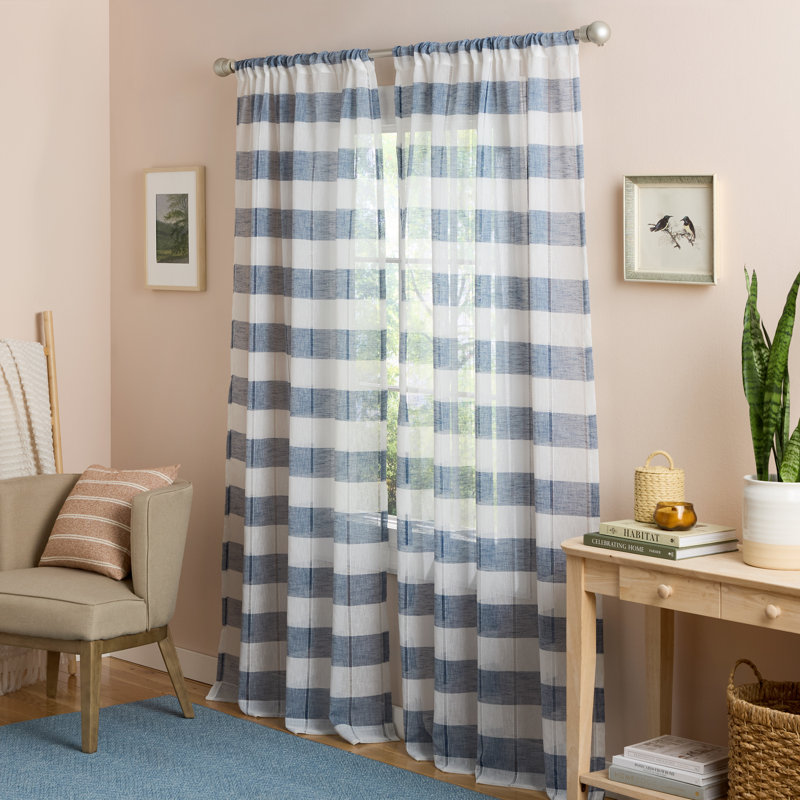 TOWN & COUNTRY BASICS Pax Semi-Sheer Stripe Light Filtering Curtains, Blue, 50" W x 96" L