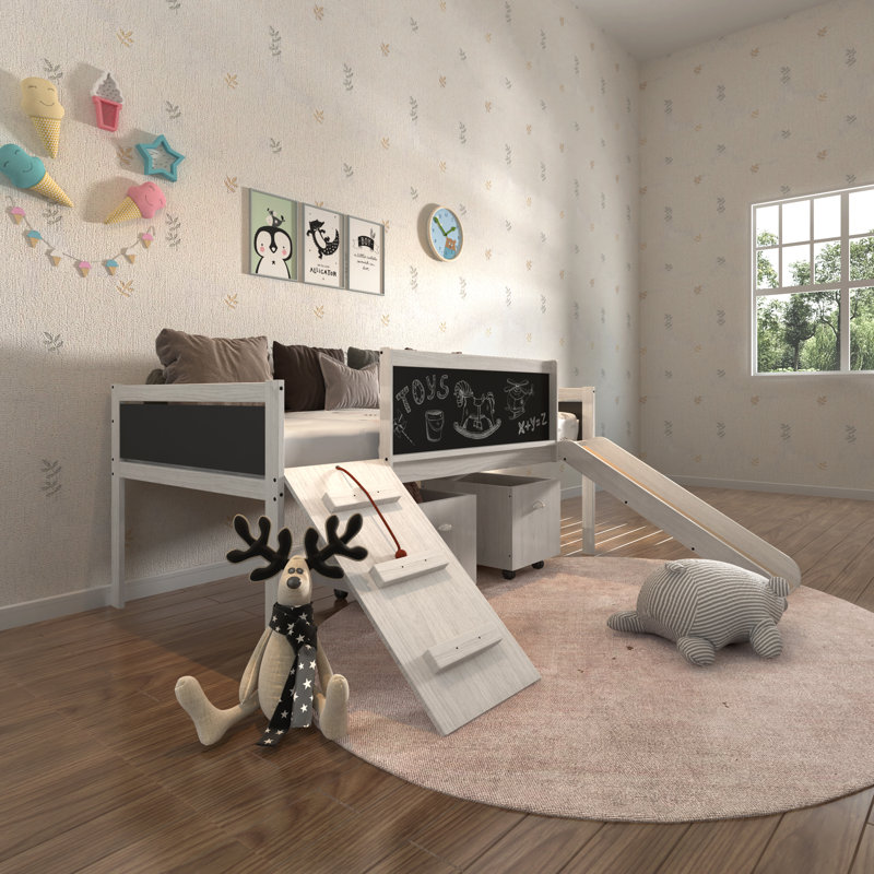 Lit mezzanine simple en bois massif Schlemmer par Zoomie Kids, Blanc délavé / gris foncé