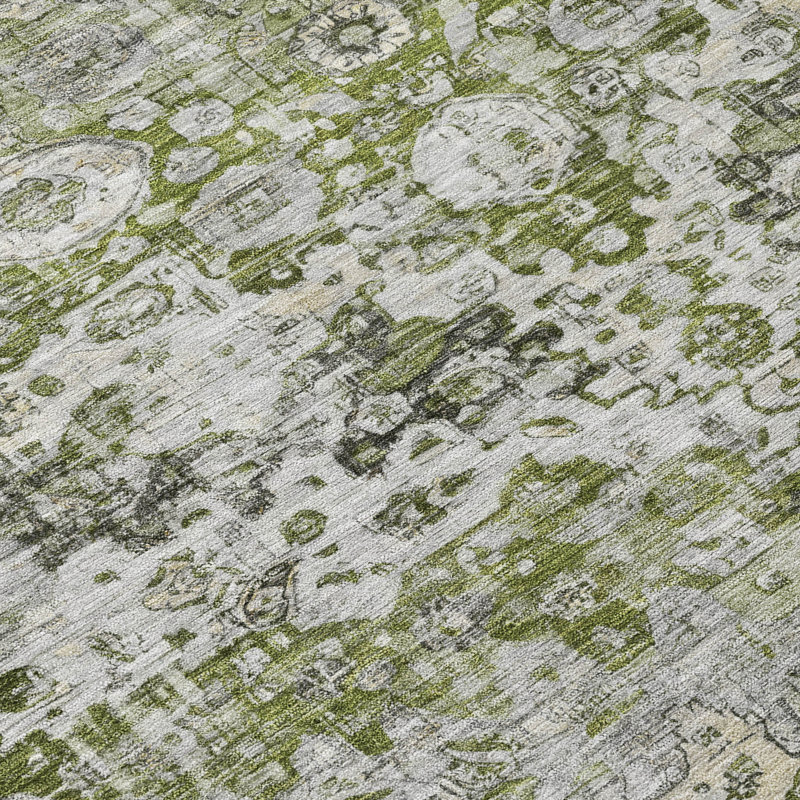 Aloe Green and Gray Synthetic Washable Rectangular Rug