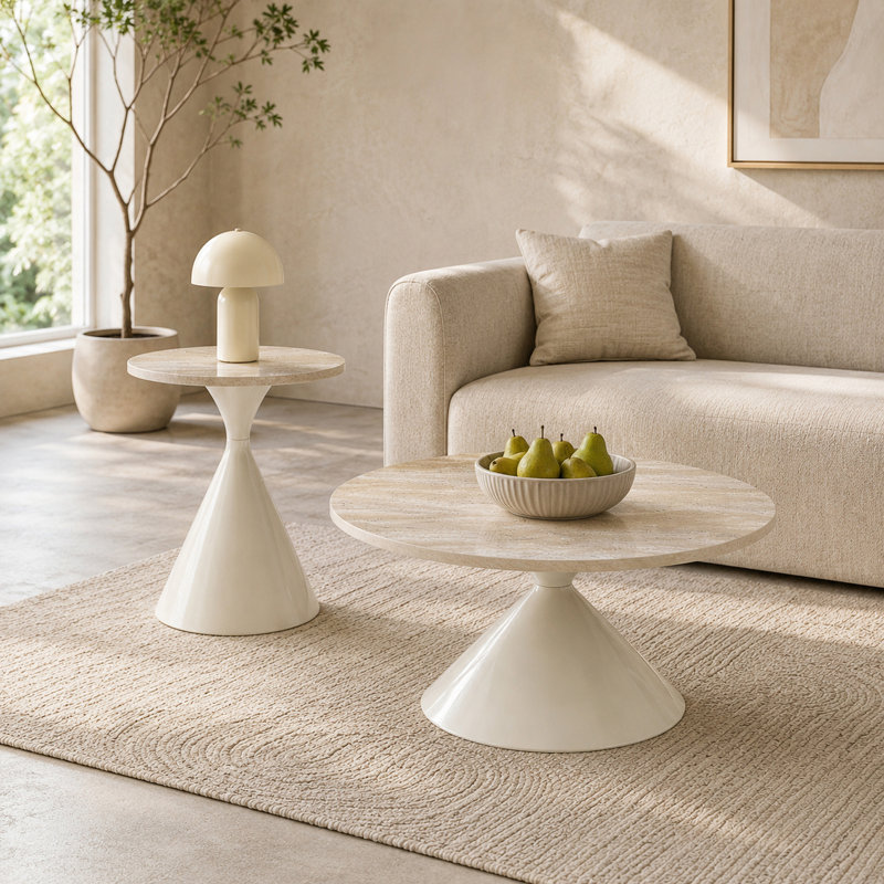Ensemble de 2 tables basses rondes,, Natural Wood / White