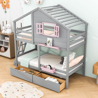 Twin Over Twin 2 Drawers Wooden Bunk Bed With Storage Box