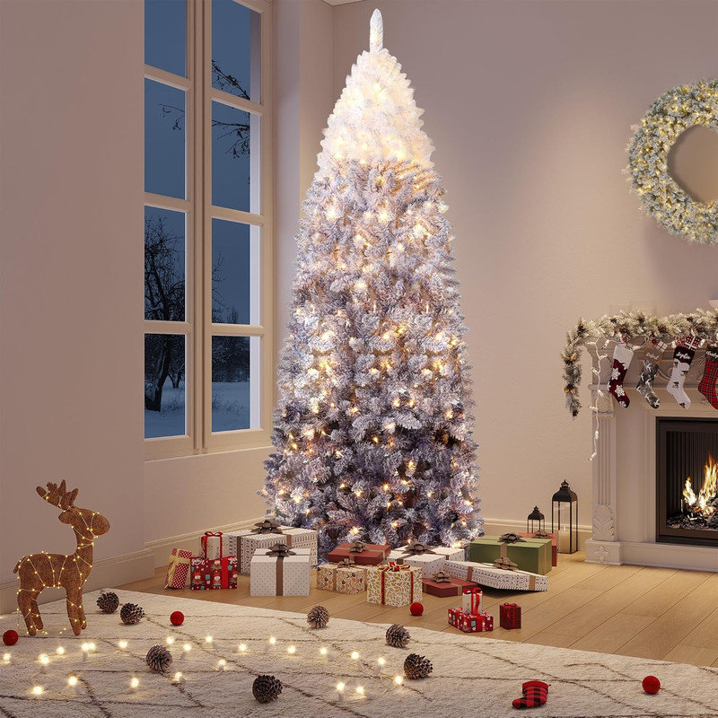Snow Flocked Pencil Christmas Tree, Slim Artificial Christmas Tree with Sturdy Metal Stand, Skinny Xmas Tree Holiday Decoration for Home, Office