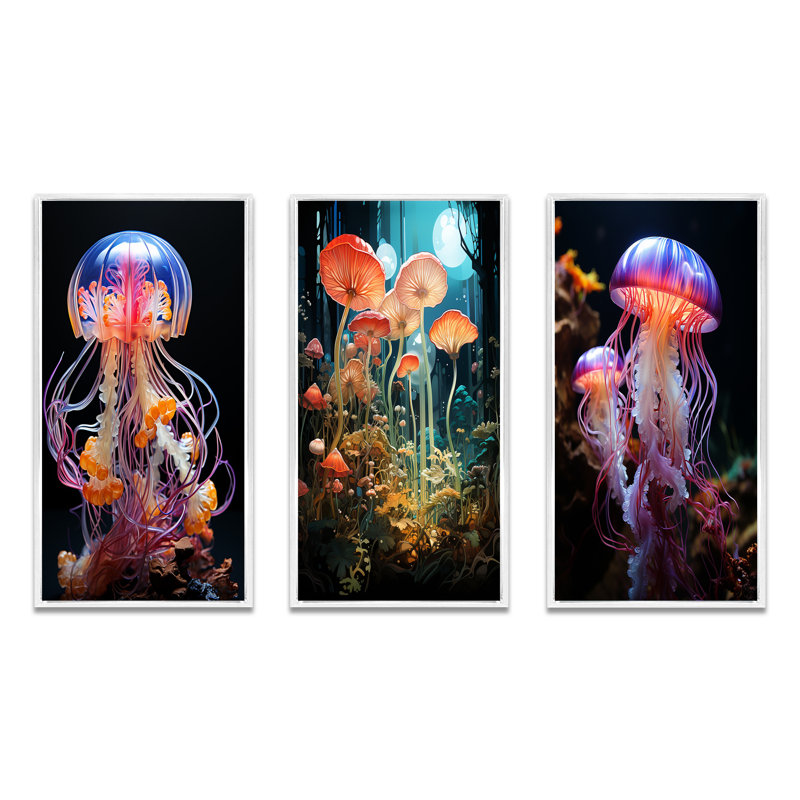 «Jellyfish Luminescent Beauty Pastoral», 3 pièces sur toile, Cadre blanc, H 32 po x l 48 po