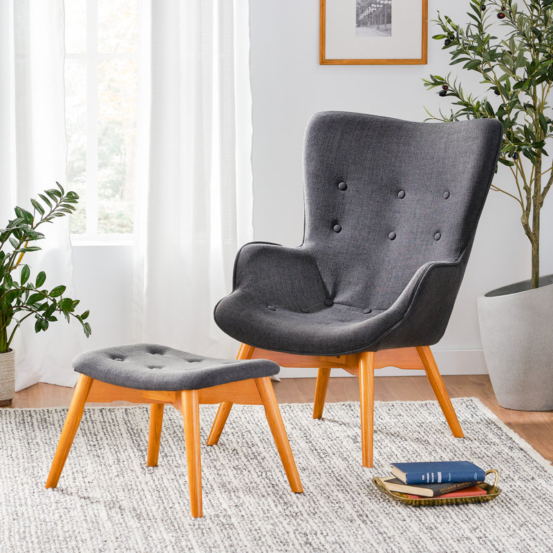 Fauteuil d'une largeur de 68,58 cm et repose-pieds en polyester capitonné Dayon, Mélange de polyester gris foncé