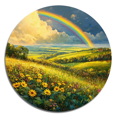 Arc-en-ciel et les champs ensoleillés - reproduction d'art traditionnelle jaune sur métal, art mural rond en métal arc-en-ciel