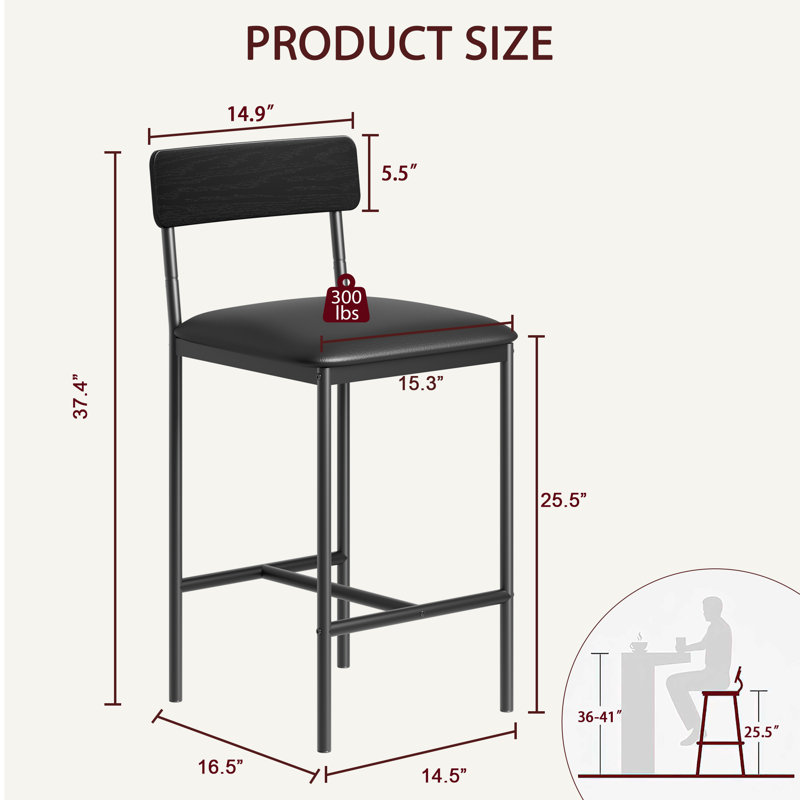Bar Stools  With Footrest, Upholstered Bar Chairs With Back, Counter Height Barstools, Set Of 4, Black