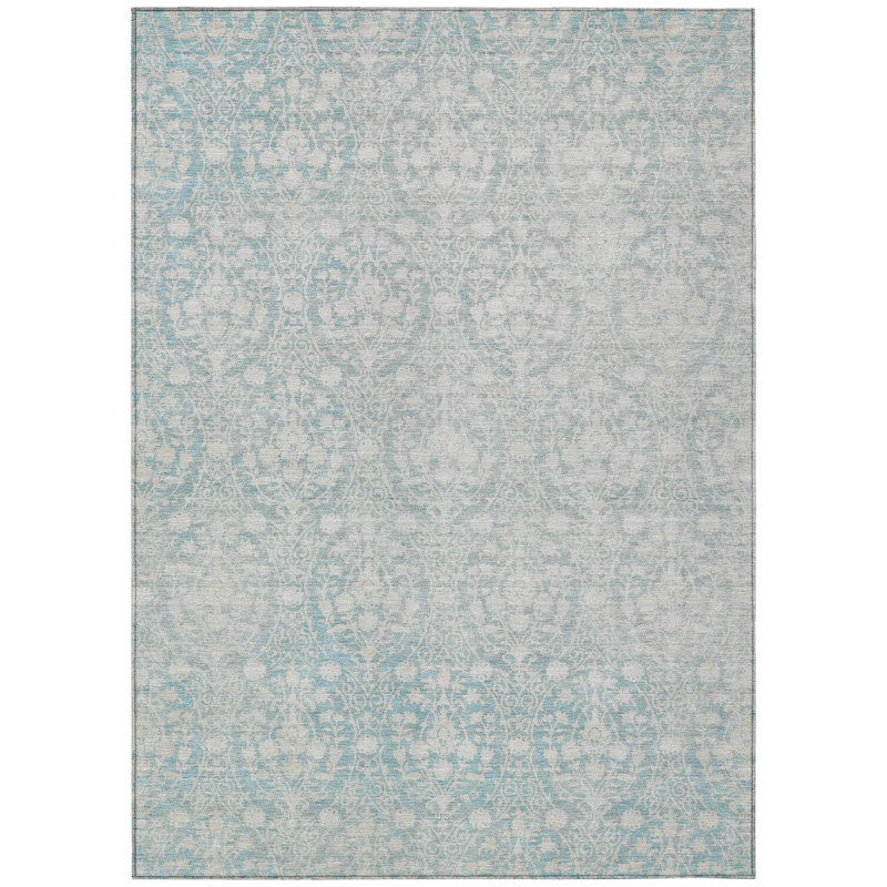 3' X 5' Aqua Damask Washable Indoor Outdoor Area Rug