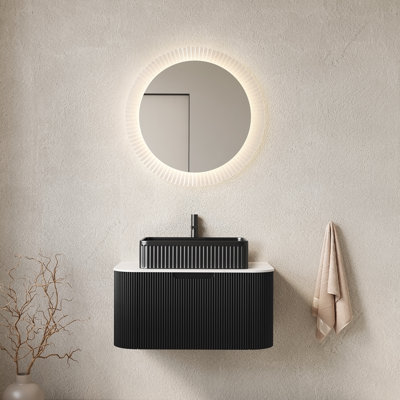 Meuble-lavabo 30 po, armoire de rangement à contreplaqué à bords arrondis avec tiroir, vasque rectangulaire en céramique noire et plateau en pierre frittée blanc de Carrare, pré-assemblé, couleur noire