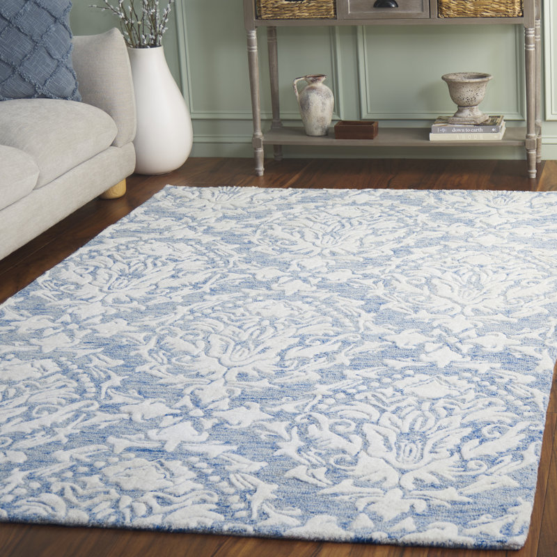 Tapis bleu / ivoire en laine touffeté à la main Ferrera, Rectangle de 5 pi x 8 pi