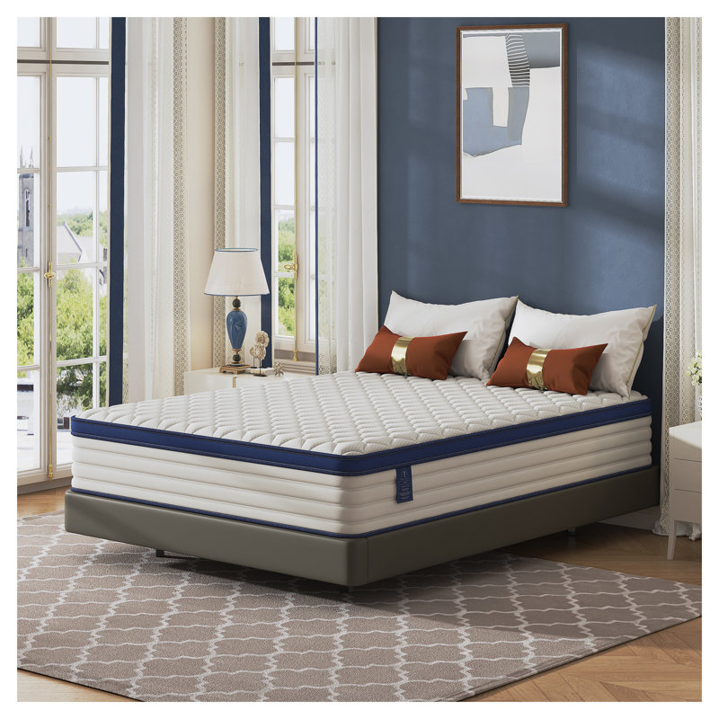 Grand matelas hybride en mousse et à ressorts - Soulagement de la pression et soutien de la colonne vertébrale pour un sommeil réparateur, blanc et bleu