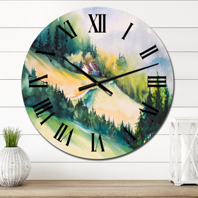 Horloge murale verte avec paysage de montagne et montagnes