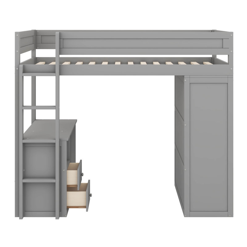 Lit mezzanine simple en bois rustique avec armoires encastrées, bureau à 2 tiroirs et unité de rangement, Gris