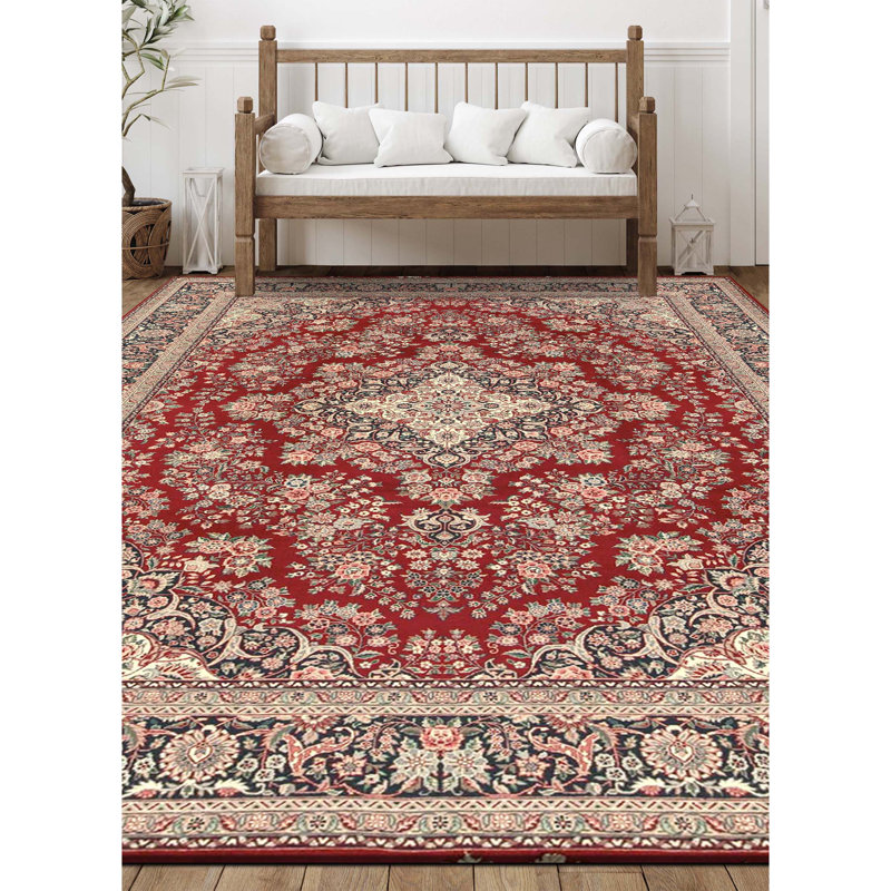 Tapis rouge et bleu marine noué à la main de haute qualité