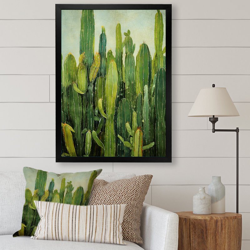 Collage de contour vert cactus - impressions sur toile de cactus, H 32 po x l 24 po x P 1 po, Cadre simple noir