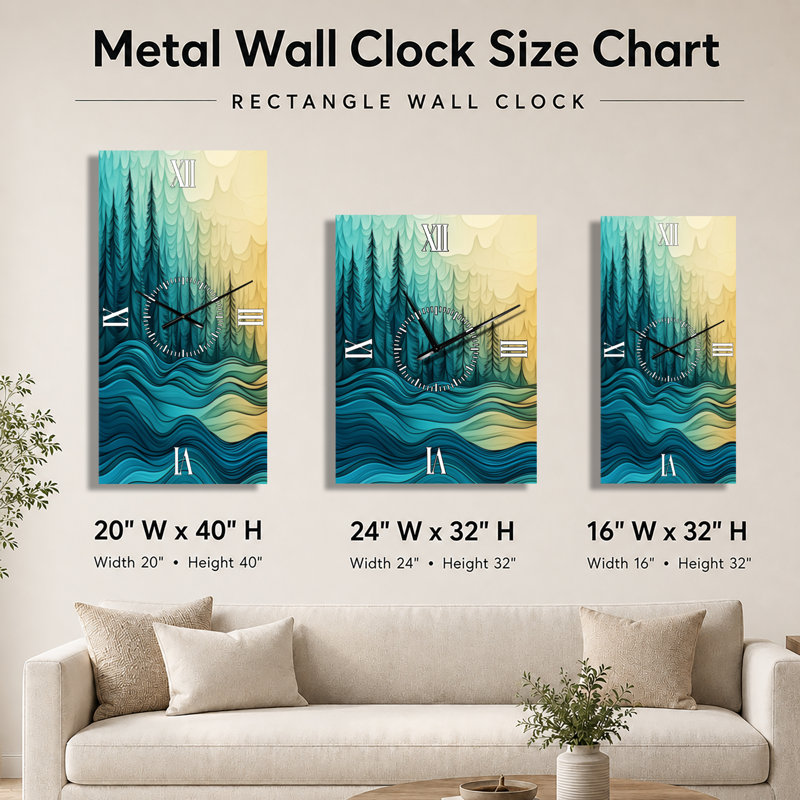 Horloge murale en métal Lodge représentant une forêt de pins enchantée et verdoyante avec des ondulations lacustres