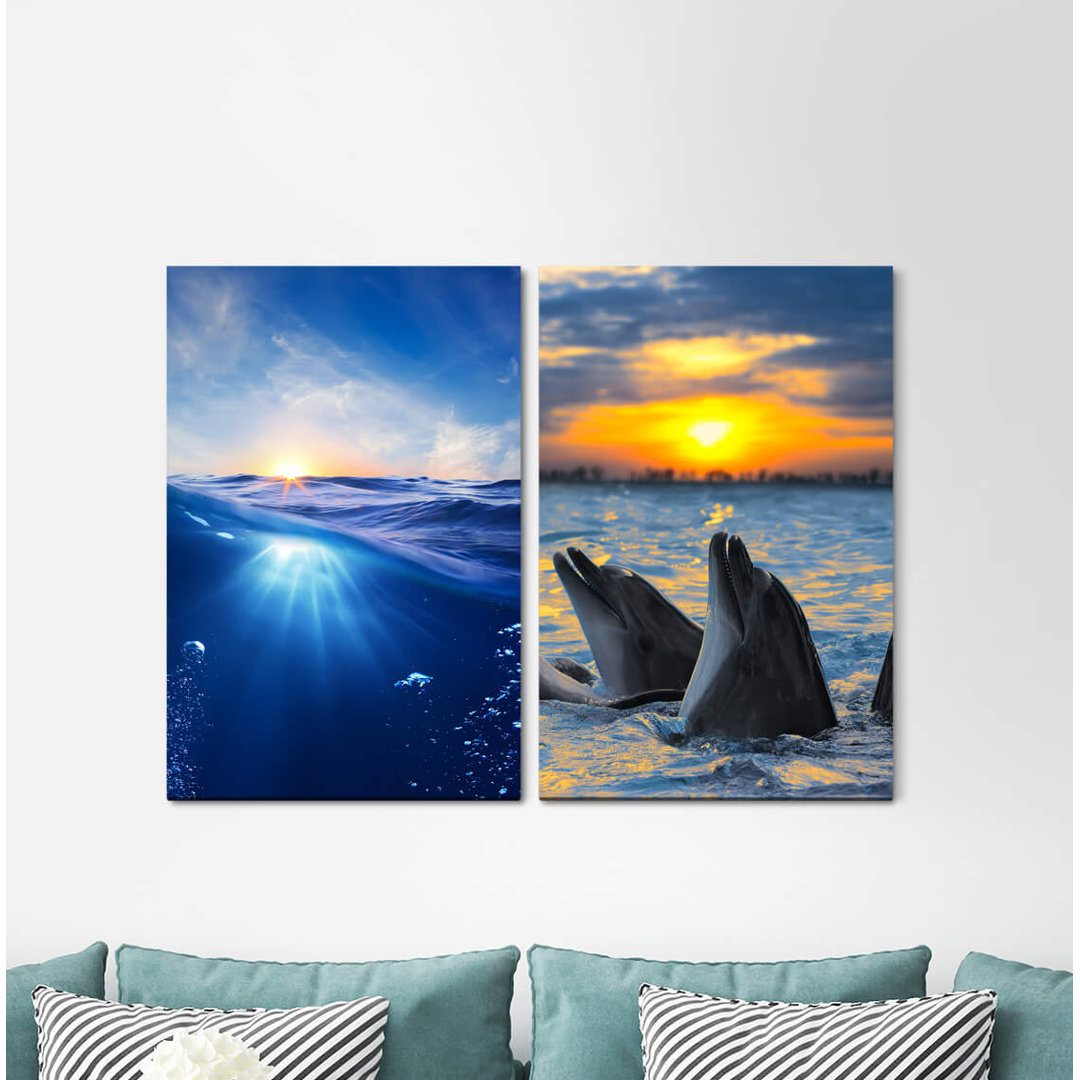 2-tlg. Leinwandbilder-Set - Grafikdruck „Blue Sea Paradise South Sea Dolphins Sunset Evening Reds”