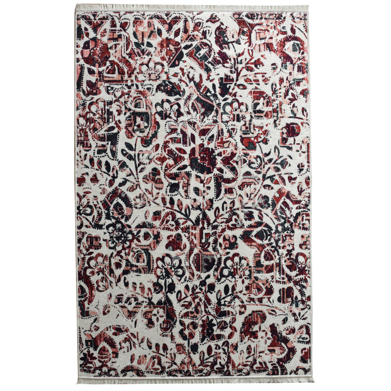 Tapis rectangulaire en polyester / velours touffeté à la machine beige / rouge / noir, Rectangle 4 pi 7 po x 6 pi 3 po