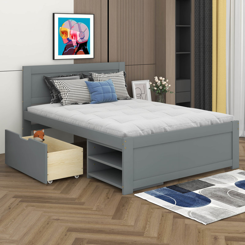 Lit plateforme double avec tiroir et deux tablettes, Gris