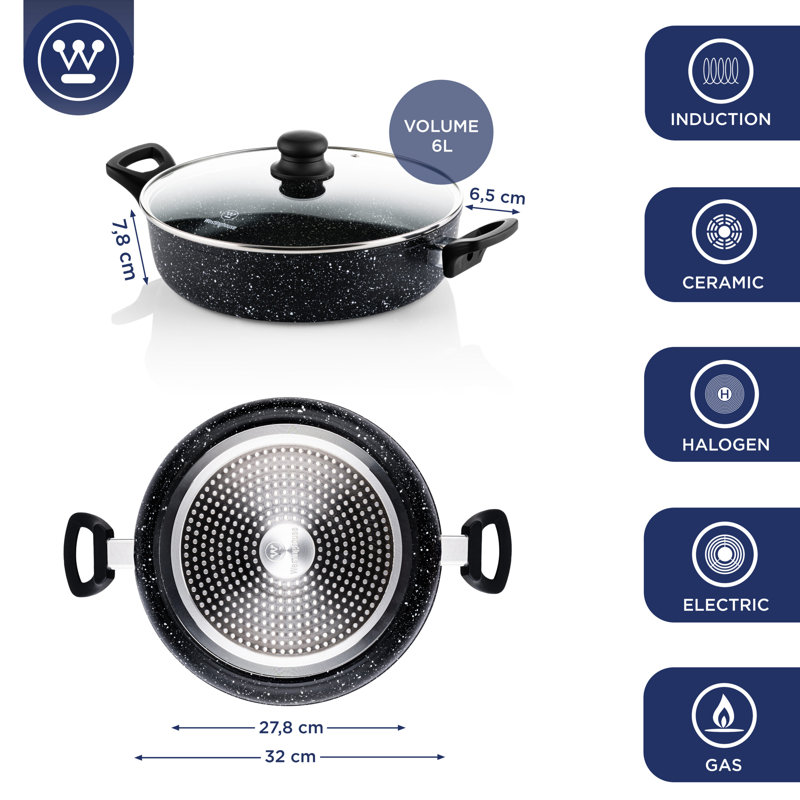 Westinghouse Low Casserole With Lid Non Stick - 32 cm - Black Marble