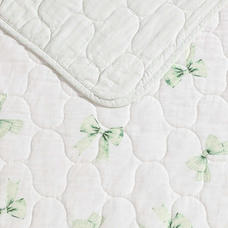 Laura Ashley Bouncy Bows Cotton Reversible Green Quilt Set, Twin Quilt + 1 Standard Sham