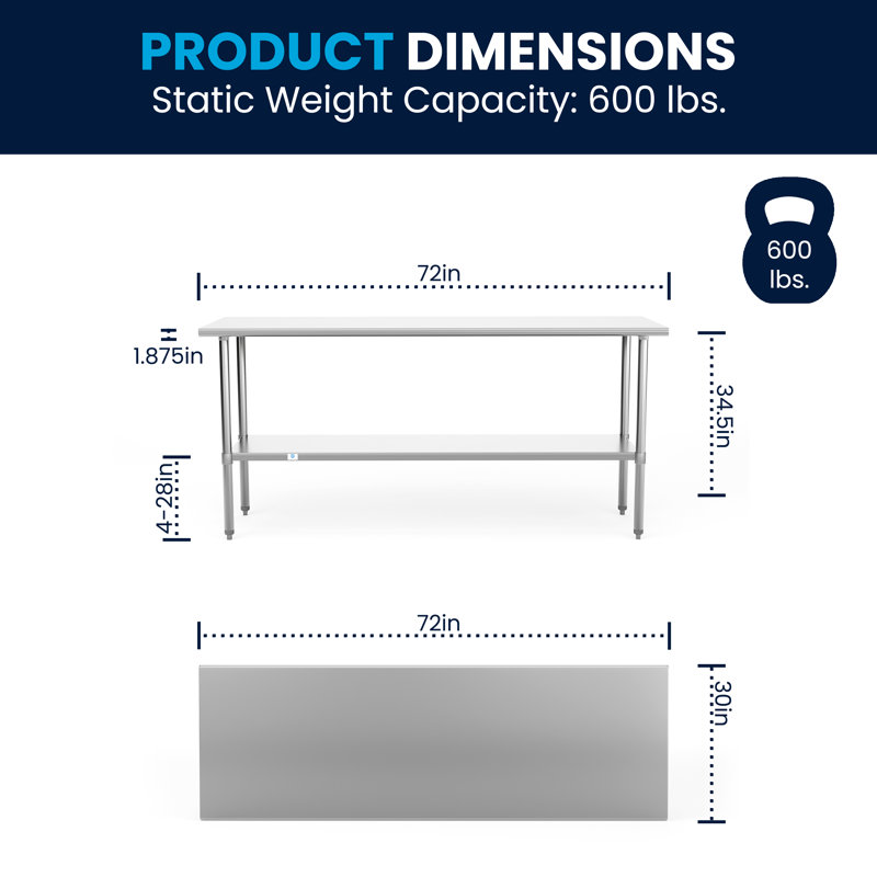 Stainless Steel 72" Professional Grade Work Table with Adjustable Undershelf