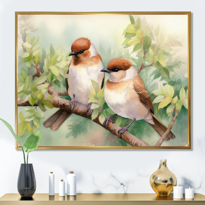 Oiseau sur toile, impression de jardin printanier, oiseaux du printemps IV, Cadre flottant doré, H 30 po x l 40 po x P 1,5 po