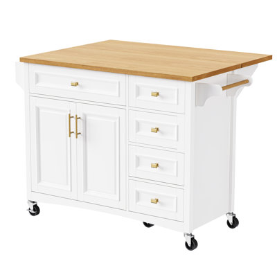 White Mobile Kitchen Island With Drop Leaf. Ornament, Spice Rack, Towel 2 Doors, 5 Drawers, Adjustable Shelf For Chic Modern Luxury Coastal Versatility Storage Detail,