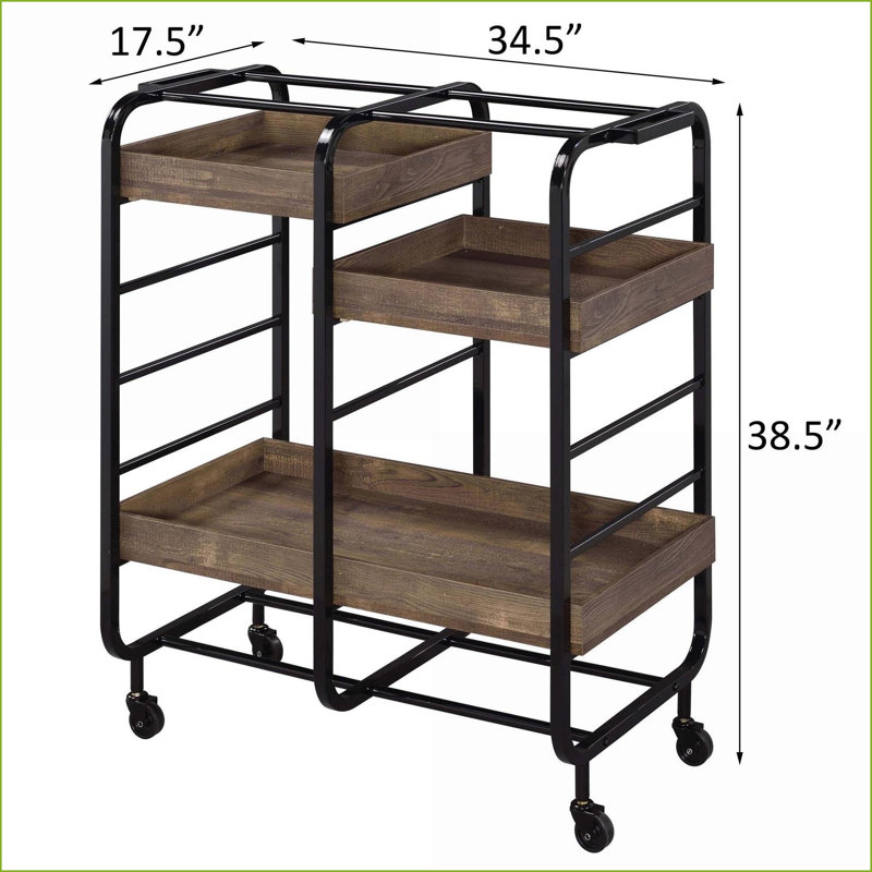 Kitchen Cart with 3 Adjustable Trays, Black &amp; Walnut Brown | Wood+Metal | Rectangular, Black/Brown