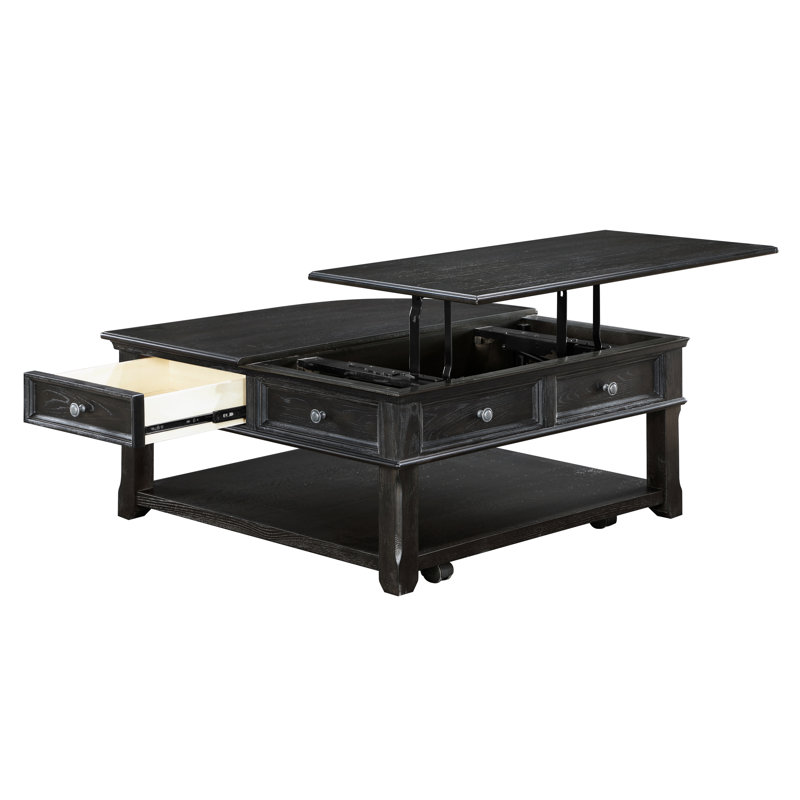 Table basse gris anthracite avec plateau relevable, tiroir et tablettes ouvertes