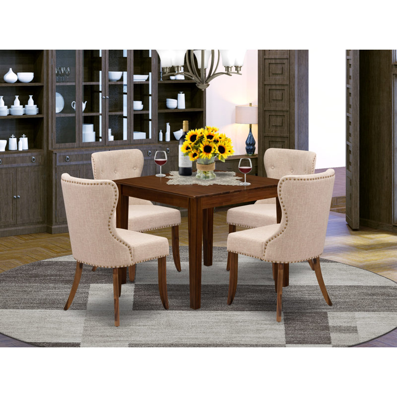 5 Piece Dinette Set for Small Spaces Contains a Square Modern Dining Table and 4 Upholstered Parson Chairs, Antique Walnut, 5