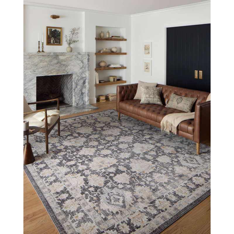 Tapis oriental en polypropylène tissé à la machine en noir anthracite / gris, Rectangle 2 pi 6 po x 4 pi