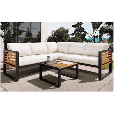 Ensemble de patio extérieur 4 pièces, canapé modulaire en L avec coussins moelleux et table basse pour jardin et terrasse