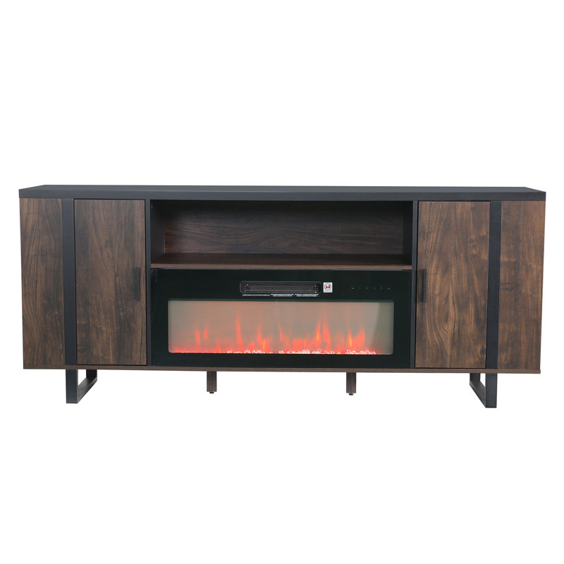 Modern Detachable Fireplace TV Stand, Dark Wood & Black, 183x39.5x76cm, Metal, Living & Media Room, Yes