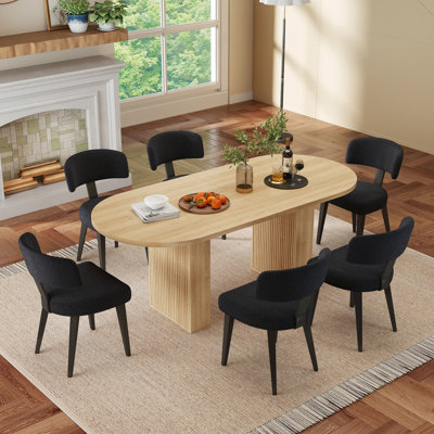 62.9" Oval Dining Table Set For 4-6, MDF Top Kitchen Table With 4-6 Soft Boucle Upholstered Dining Chairs, Modern Luxury Comfort Dining Room Set For Small Space, Apartment & Home
