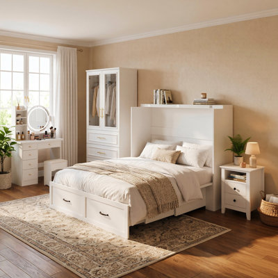 Ensemble de chambre à coucher blanche 4 pièces | Lit, table de chevet, garde-robe et coiffeuse