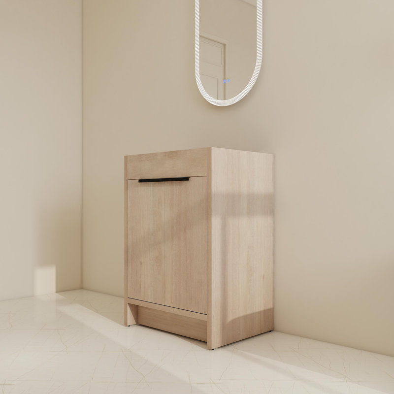 24" Free-Standing Single Bathroom Vanity Base With Adjustable Shelf, Plain Light Oak