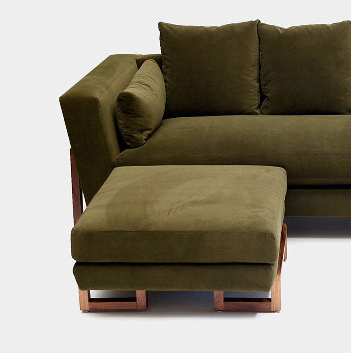 LRG Square Ottoman, Green Velvet, Walnut